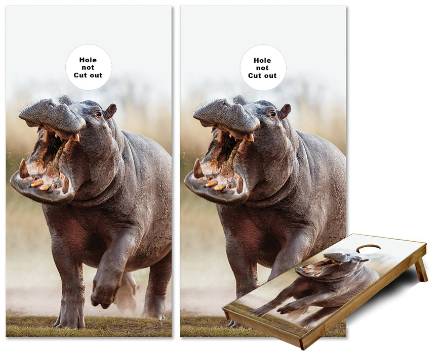 Angry Running Hippo cornhole wraps