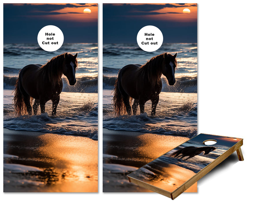 Horse enjoying Sunset on the beach cornhole wraps