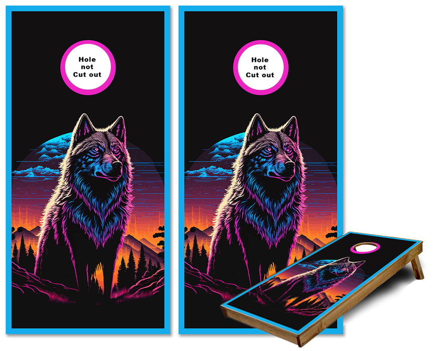 Neon Wolf Scene cornhole wrap