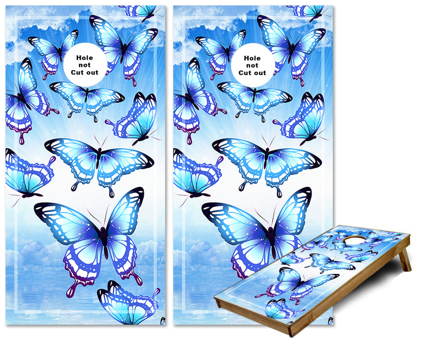 A whole bunch of Blue Butterflies cornhole wraps