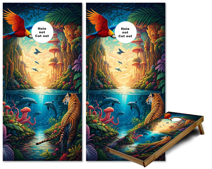 Psychedelic artistic image of birds tigers' dolphins and octopus cornhole wraps