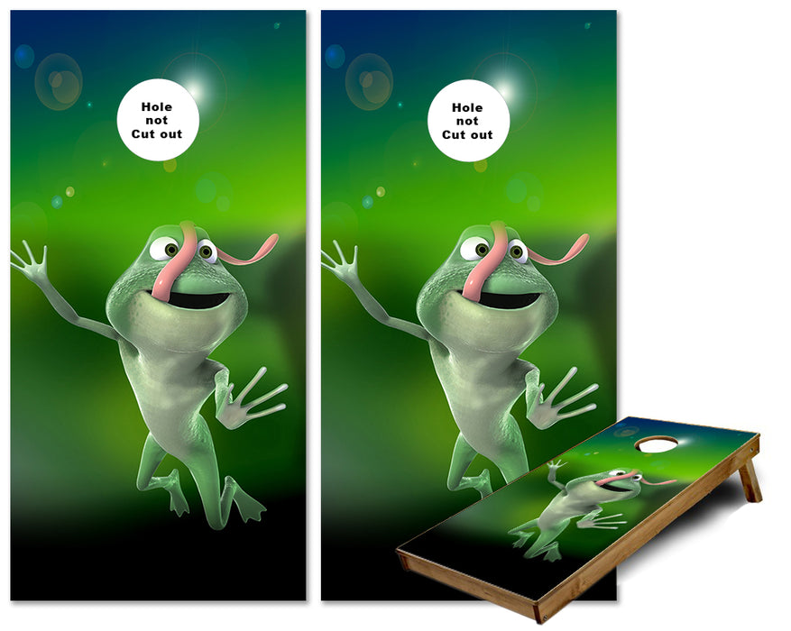 Funny Flying Frog with Tongue sticking out cornhole wraps