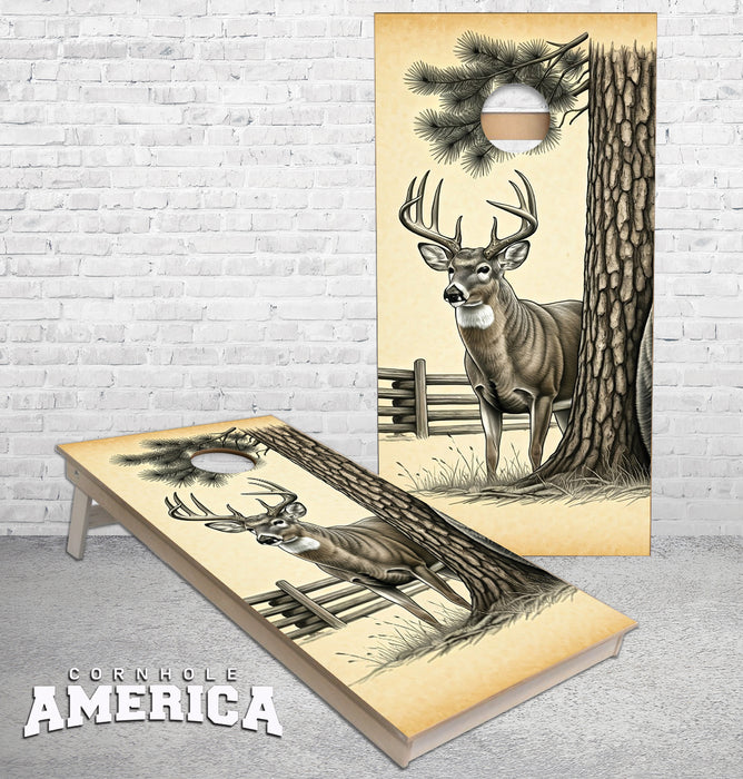 White Tail Buck Deer under tree Pen ink cornhole boards