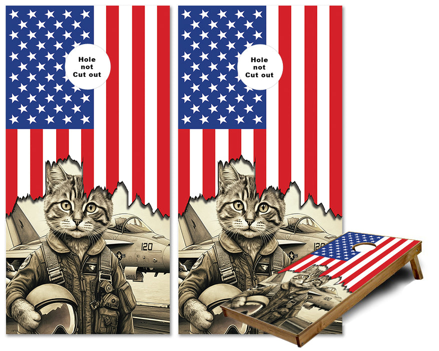 Jagged US Flag with Fighter Pilot Cat cornhole wraps