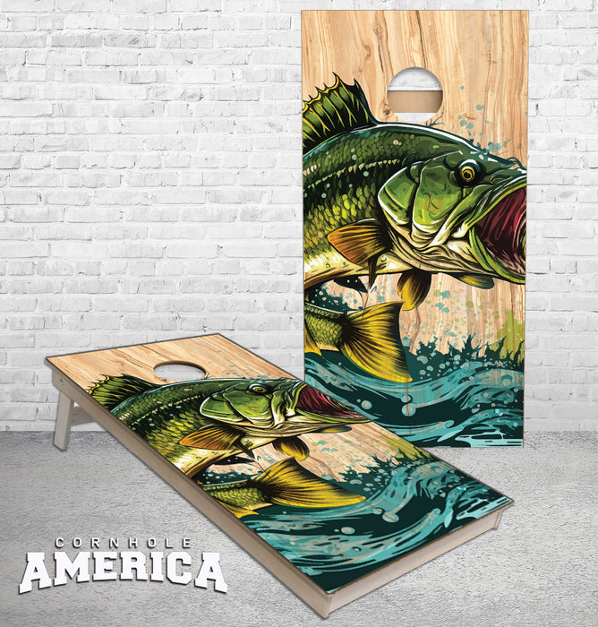 Giant Fish BASS Jumping out of water rustic wood cornhole boards