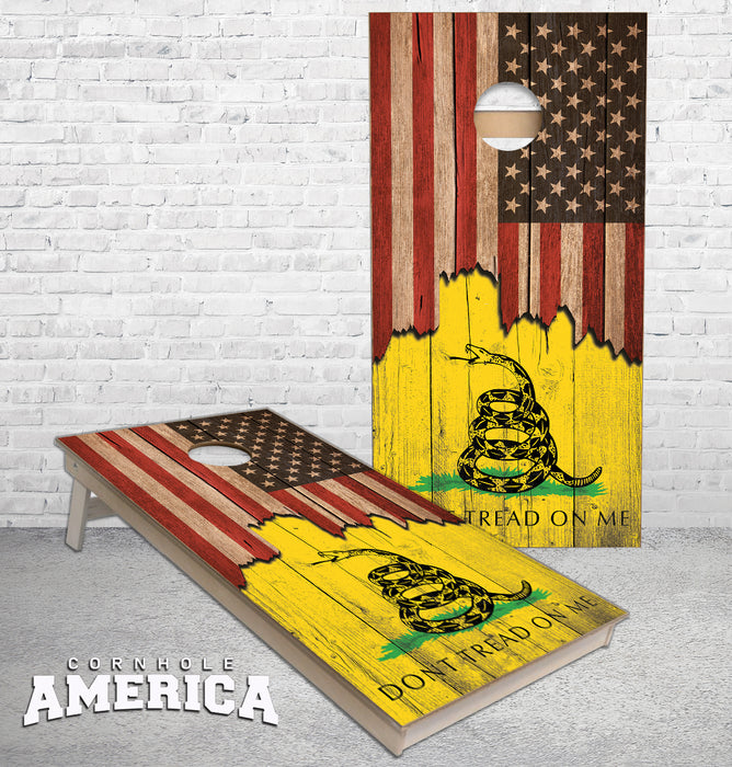 Jagged US Flag Don't Tread On Me cornhole boards