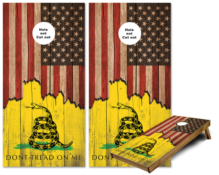 Jagged US Flag Don't Tread on Me cornhole wraps