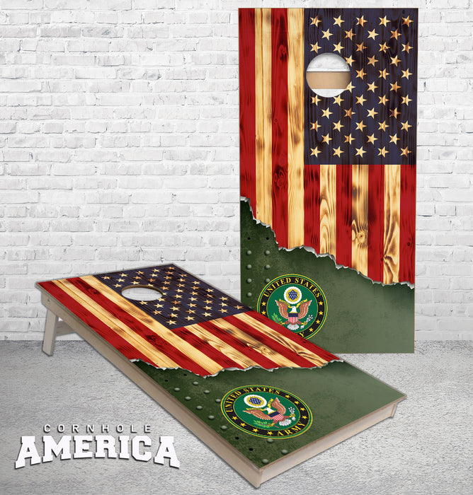 Army Burnt US Flag torn Metal cornhole boards