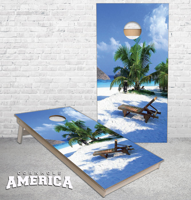 Beach Chair with a perfect view cornhole boards