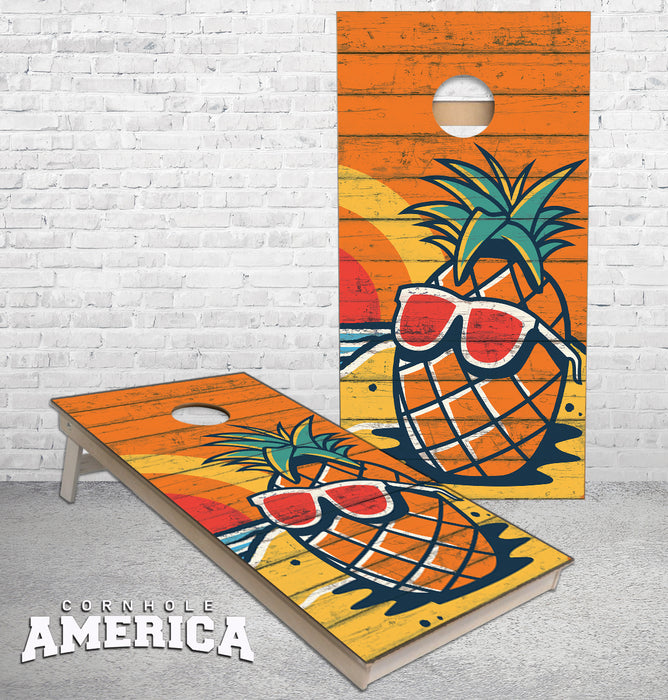 Beach Pineapple with Sunglasses weathered wood cornhole boards