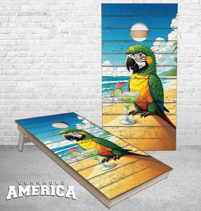 Parrot on the beach drinking a Margarita washed wood cornhole boards