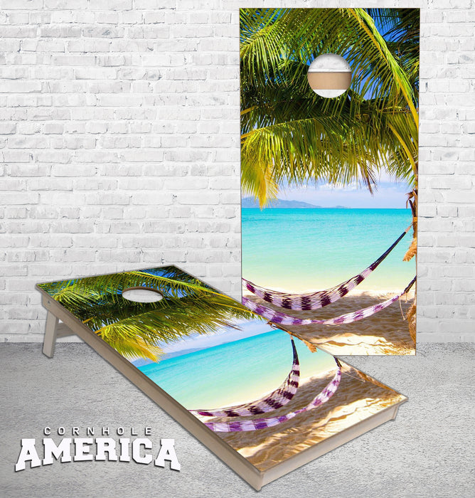 Hammock on the beach cornhole boards