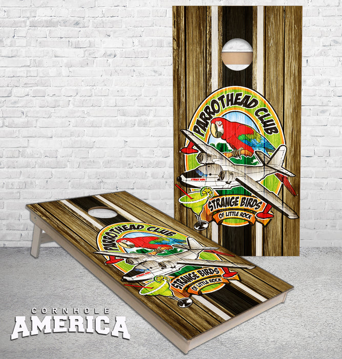 Parrot Head Club Float Plane striped cornhole boards