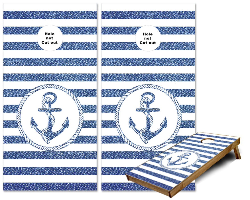 Blue and White Stripes with Anchor Cornhole wraps