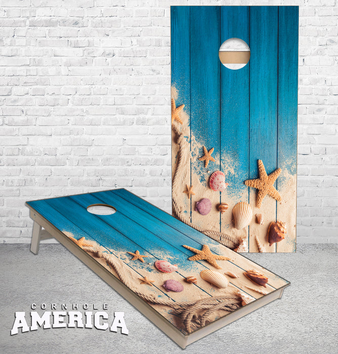 Sea Shells on Wooden Plank boards and sand cornhole boards