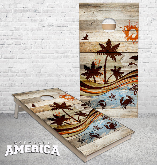 Beach Scene crabs starfish and dolphins on beach wood cornhole boards