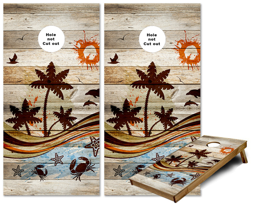 Crabby Beach and Palm trees Ocean wood cornhole wraps