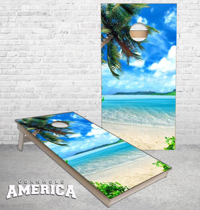 Beach Scene palm trees and sand cornhole boards