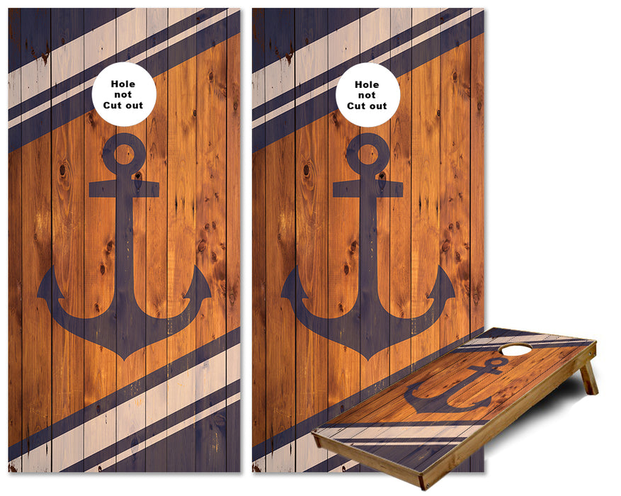 Anchor Stripes on rustic wood cornhole wraps