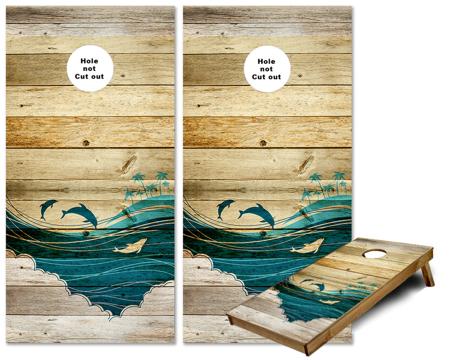 Rustic Wood Dolphins jumping out of water cornhole wraps