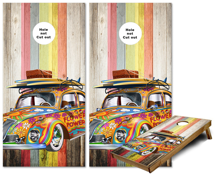 Flower Power Volks Wagon VW Surfing Bug on striped wood cornhole wraps