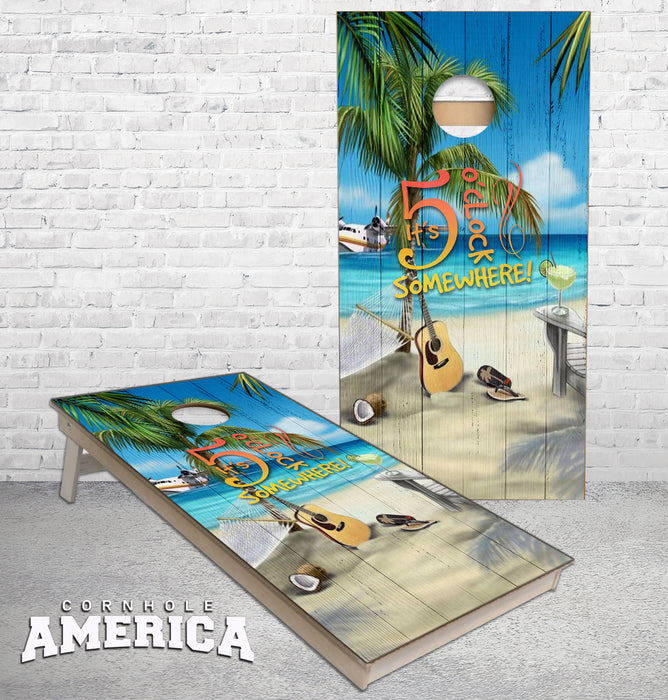 Five O'clock somewhere on a beach Cornhole Boards