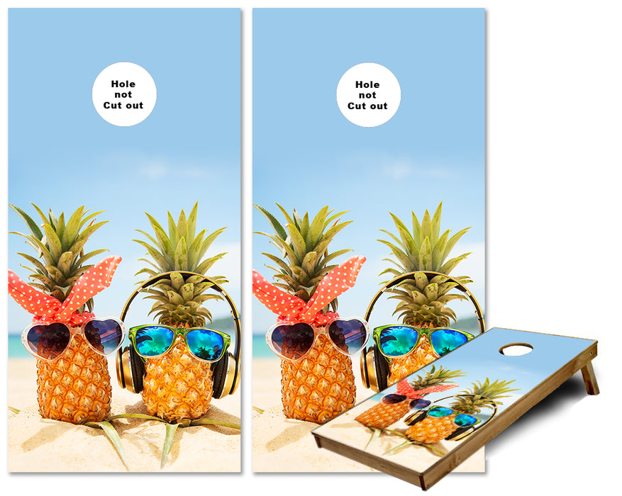 Pineapple Guys on the Beach with Sunglasses and headphones cornhole wraps