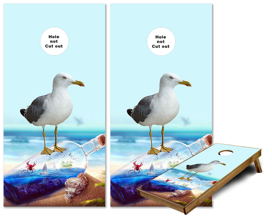 Sea Gull Standing on a Glass bottle on the Beach cornhole wraps