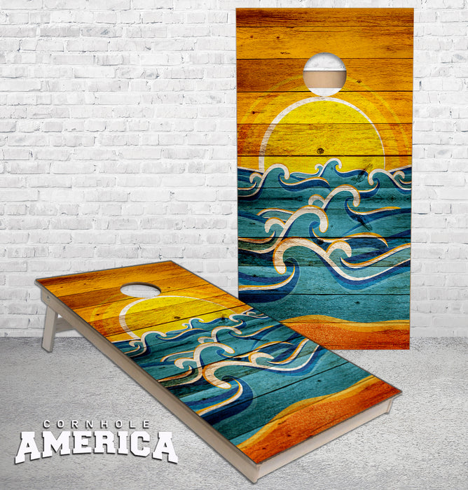 Sunset Waves Beach Wood cornhole boards