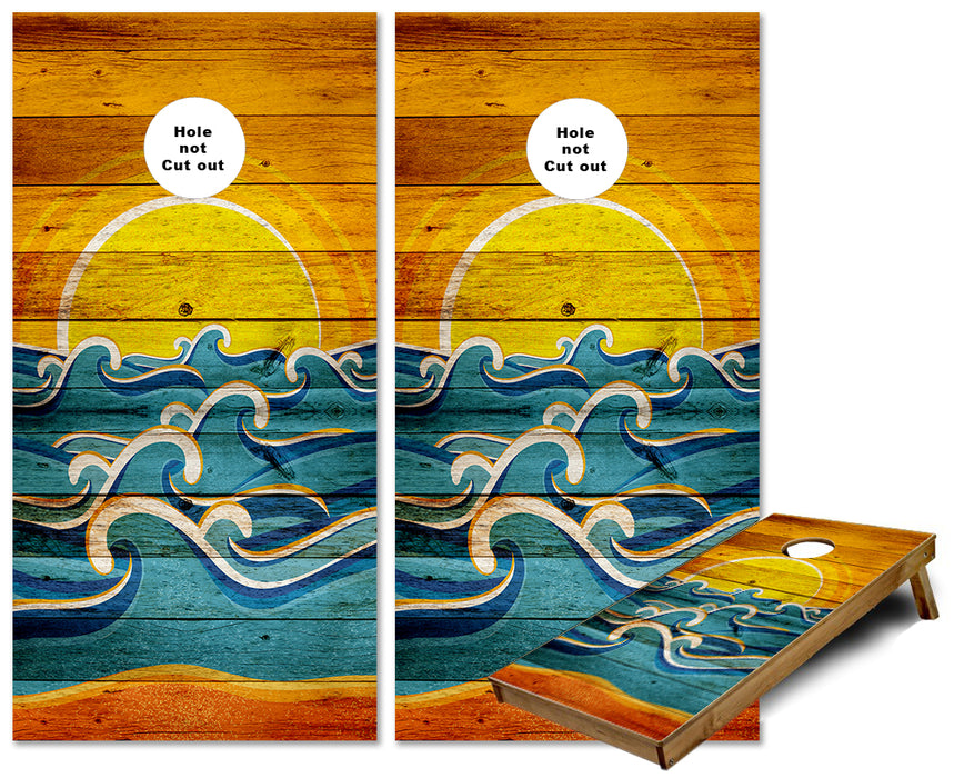 Sunset Waves on Rustic beach wood cornhole wraps