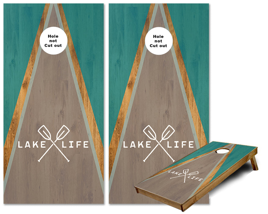 Lake Life Paddles on Triangle theme cornhole wraps