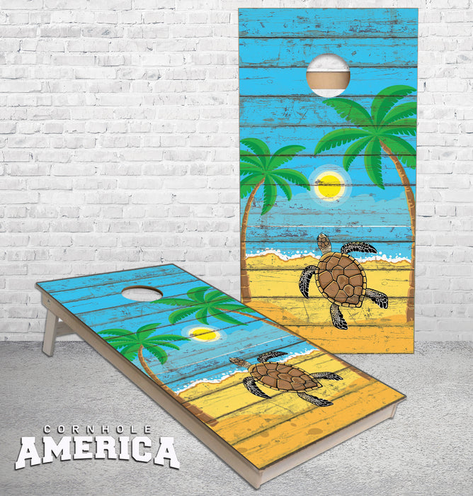 Sea Turtle on the Beach art on beach wood cornhole boards