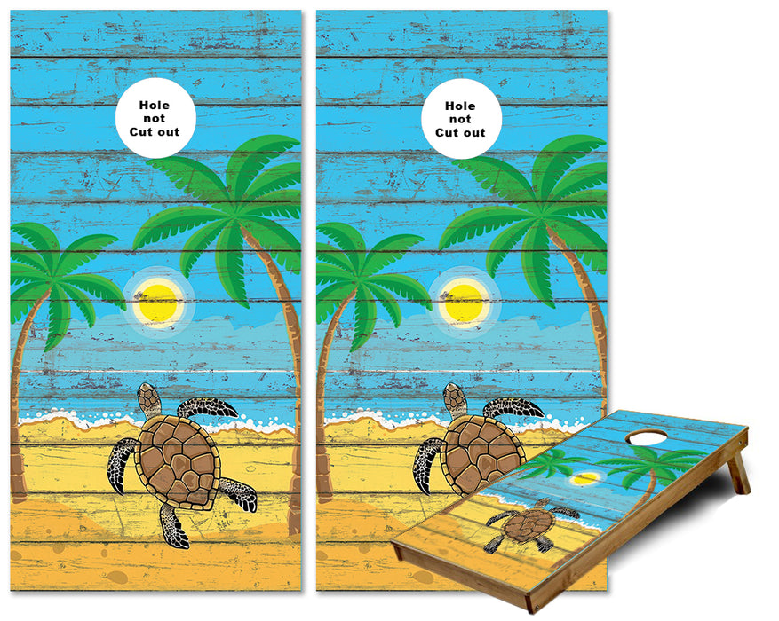 Sea Turtle on the Beach rustic beach wood cornhole wraps