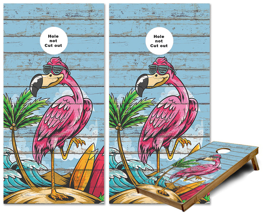 Pink Flamingo on the Beach Clear Blue Sky Beach wood cornhole wraps