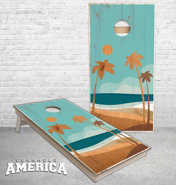 Palm Trees Beach Scene various woods cornhole boards