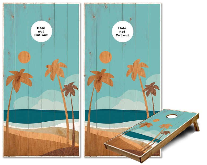 Palm Trees Beach Scene in Variety of wood cornhole wraps