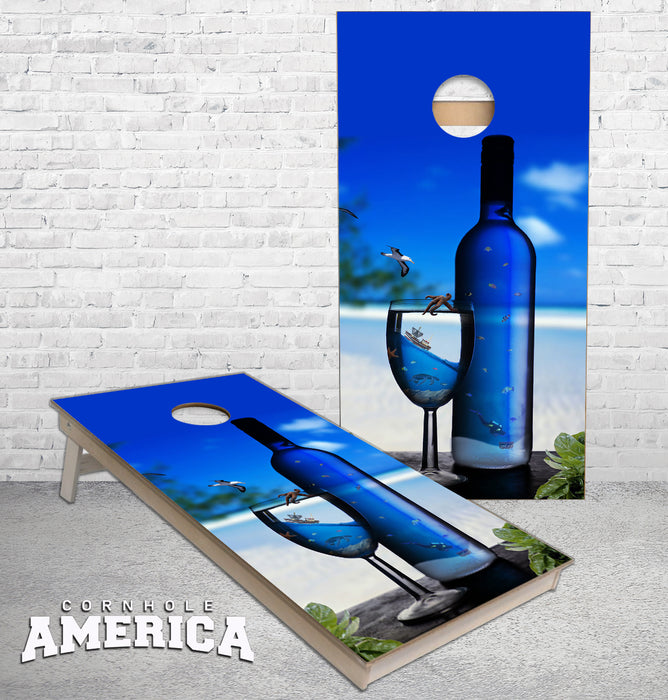 Blue Vodka Bottle on the Beach Cornhole Boards