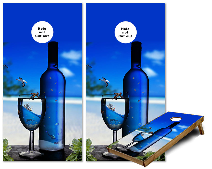 Blue Vodka Bottle on the Beach Cornhole wraps