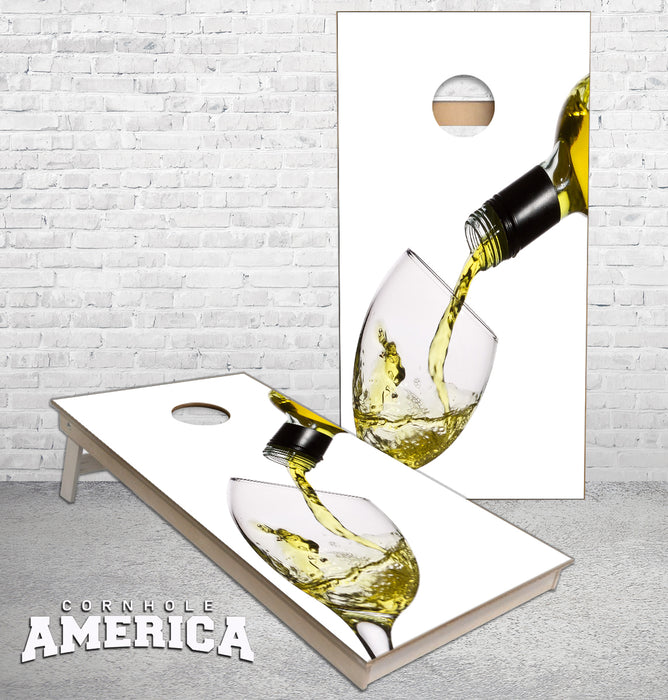 White Wine Pouring in Glass Cornhole Boards