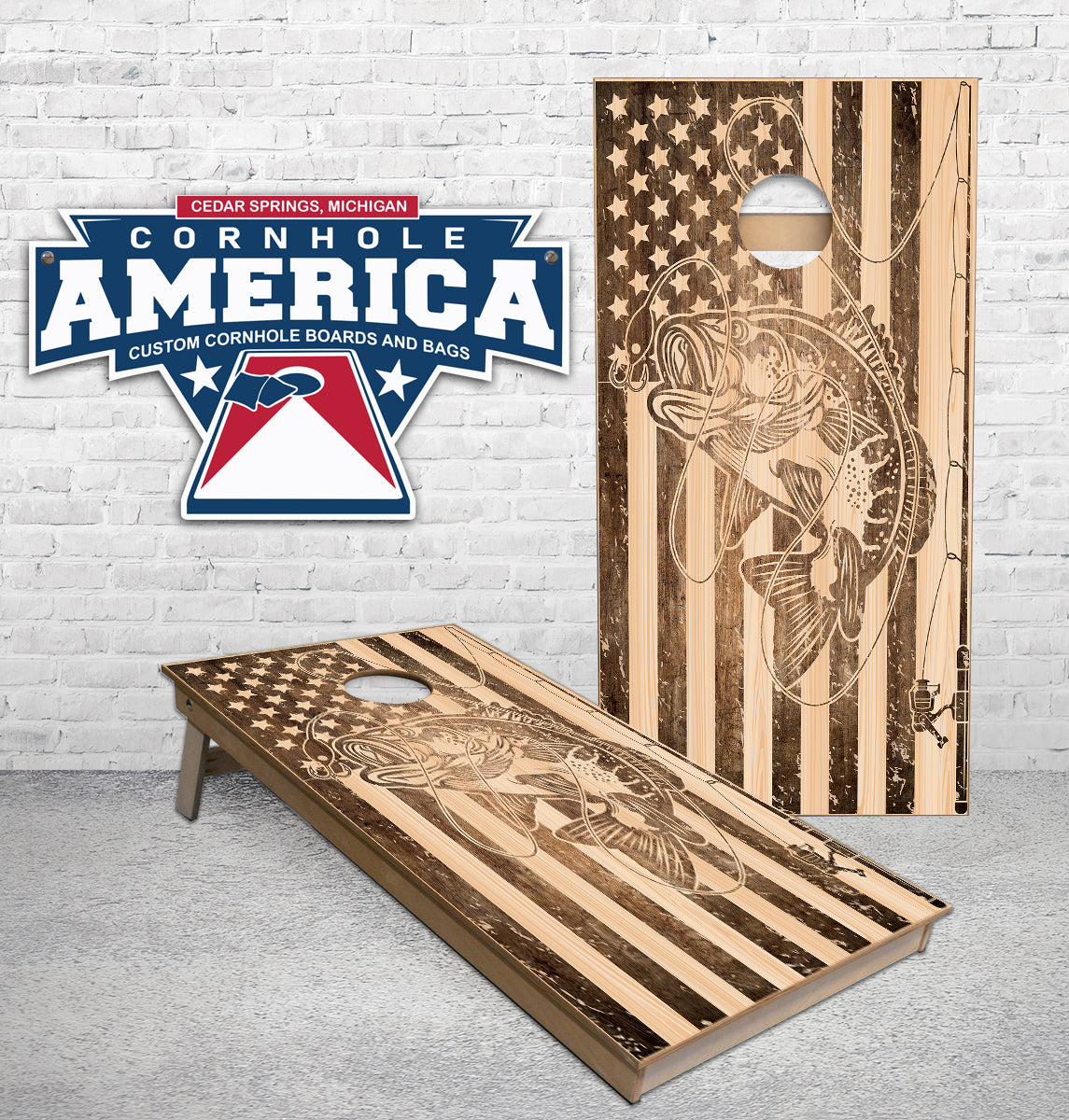 Patriotic Angling: Fish & American Flag Cornhole Wraps for Outdoor Fun