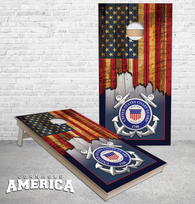 Jagged Metal US Coast Guard emblem US Flag cornhole boards