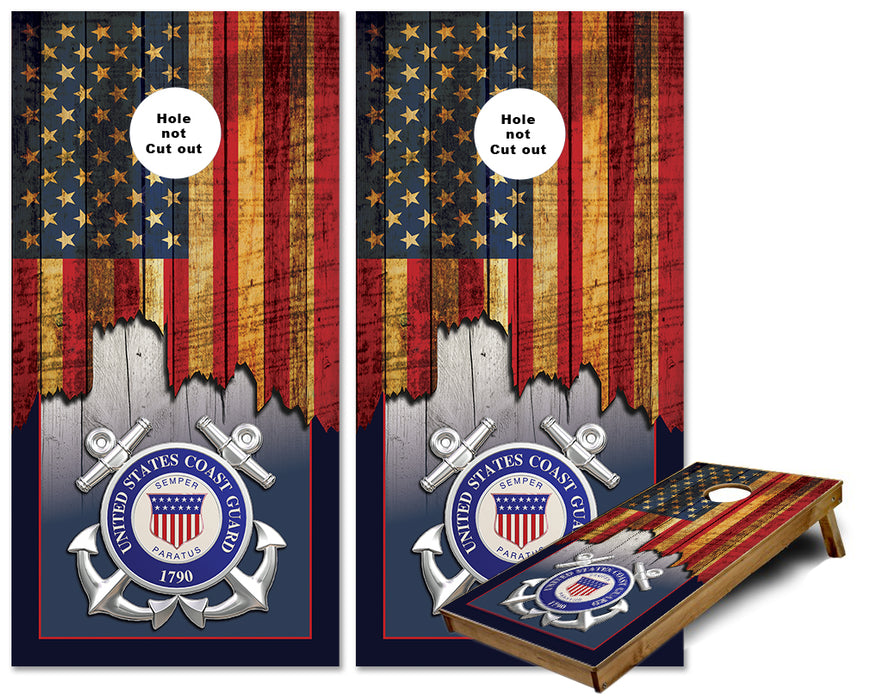 Jagged US Flag with United States Coast Guard emblem cornhole wraps