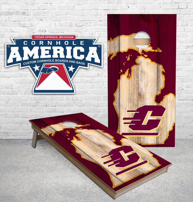 Central Michigan CMU State outline rustic wood cornhole boards