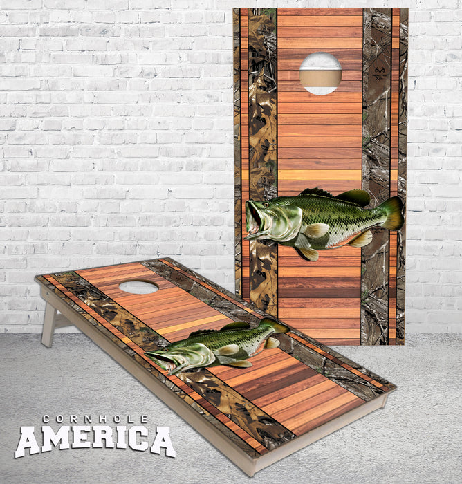 Large Mouth Bass Fish with Camo striped cornhole boards