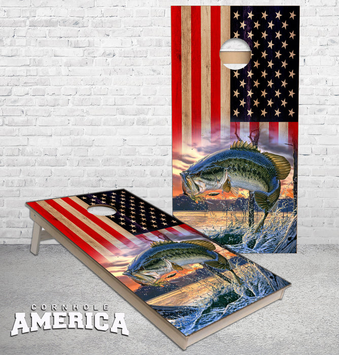 Bass Fishing American Flag cornhole boards