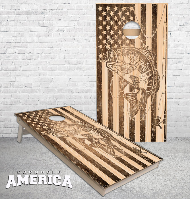 Bass Fishing American Flag rustic cornhole boards