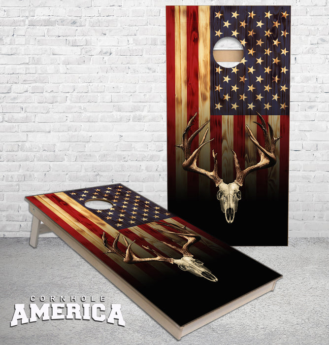 Burnt Wood American Flag with Deer Skull Mount cornhole boards