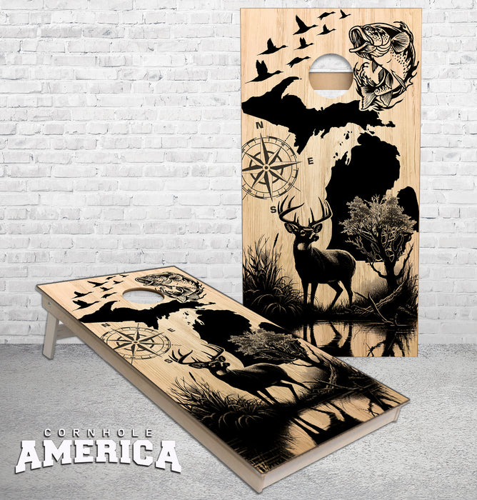 Michigan Wildlife Buck, Bass and Geese cornhole boards