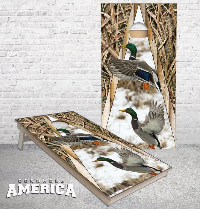 Mallard Ducks Taking off triangle theme cornhole boards