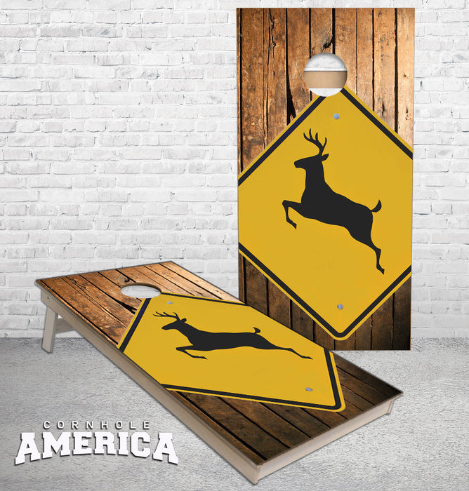 Deer Crossing Road Sign on Rustic Wood back cornhole boards